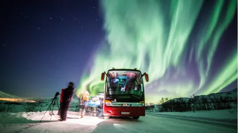 Arctic route bus northern lights road