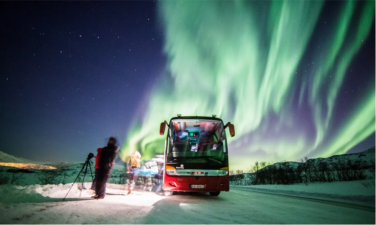 Arctic route bus northern lights road